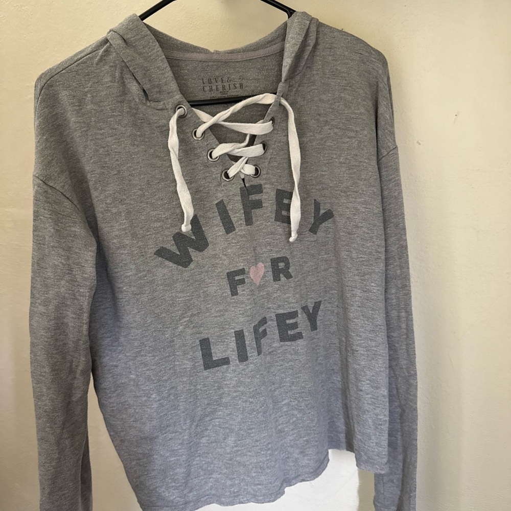 Cherish Gray Lace-Up Hoodie with 'Wifey for Lifey' Print